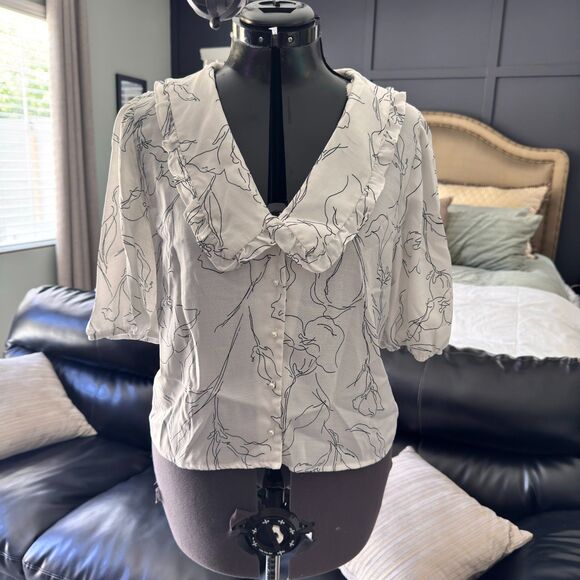 Orchid Haze White Black Floral Ruffle Collar Blouse Women’s M Puff Sleeve - Picture 1 of 10